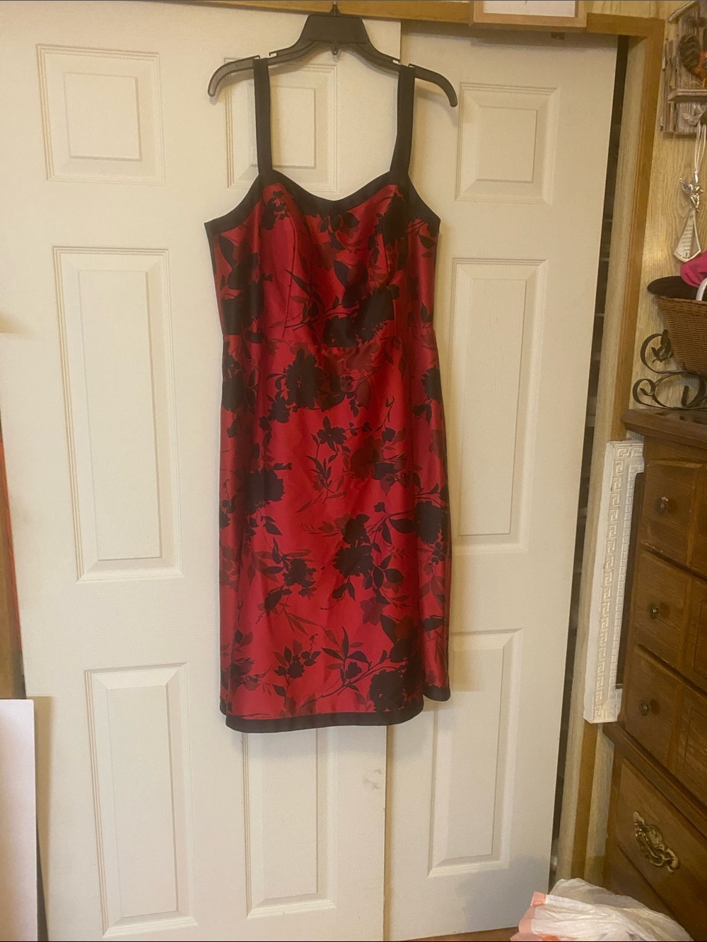 Red Satin Midi Dress with Black Floral Print
